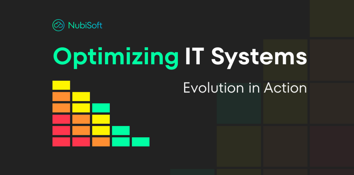 A bar graph with colorful, ascending bars visualizes the evolution and optimization of IT systems, while the green bars symbolize specific milestones or key improvements in the process.