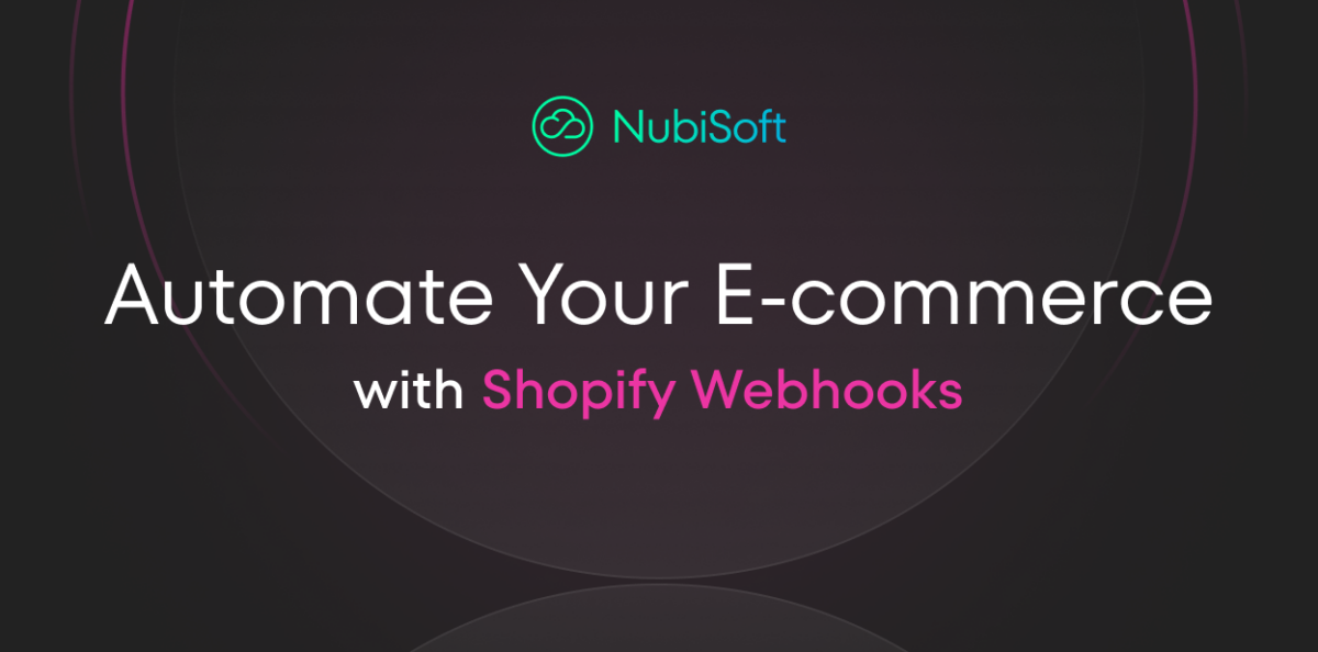 A teal cloud-shaped logo with "NubiSoft" is in the top right corner of a dark background. The text "Automate Your E-commerce with Shopify Webhooks" is in the center with "Shopify Webhooks" in pink.